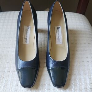Etienne Aigner Navy Blue with Patent Black Patent Heel and Toe Leather Heels